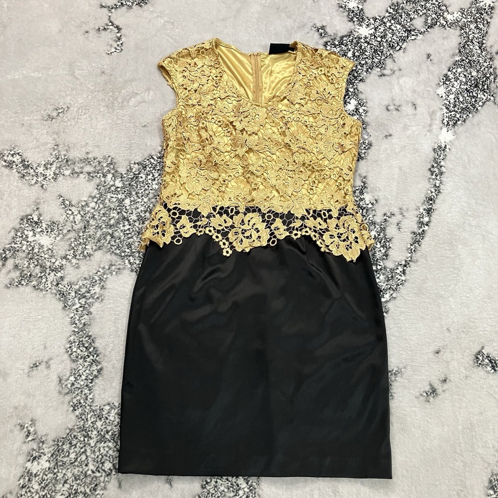 Just Taylor Black Gold Lace Sheath Cocktail Dress Cap Sleeve Women's Size 8